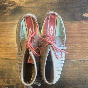 Womens Ariat Brown Moccasin-Style Shoes with Red & Multi-Color Aztec Inlay